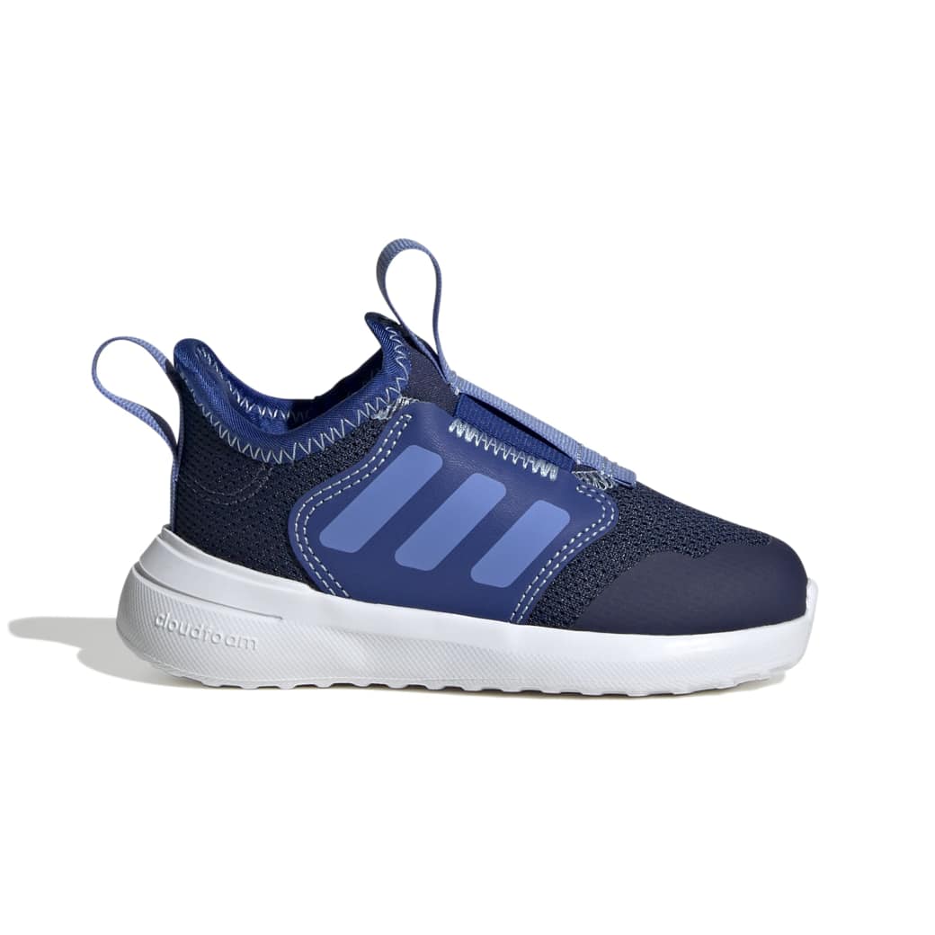 Tênis infantil masculino Adidas Tensaur Comfort azul marinho vista lateral com detalhes em mesh e fechamento em velcro